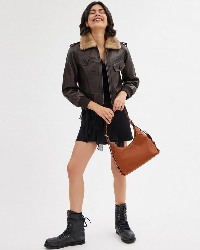 Women's Black Shearling Jacket, Light Blue Maxi Dress, Black Leather Lace-up  Ankle Boots, Black Studded Leather Tote Bag