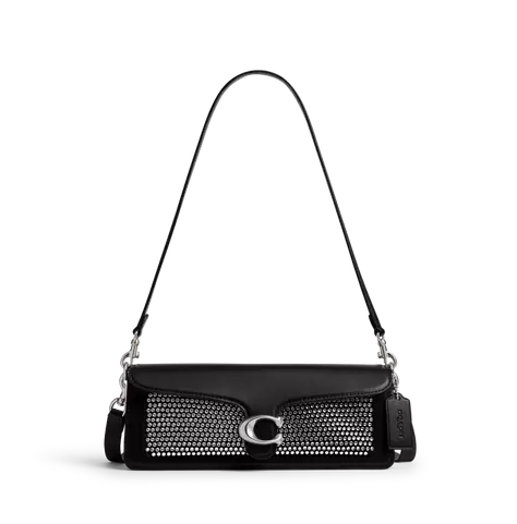 a black handbag with a silver chain and studded handles