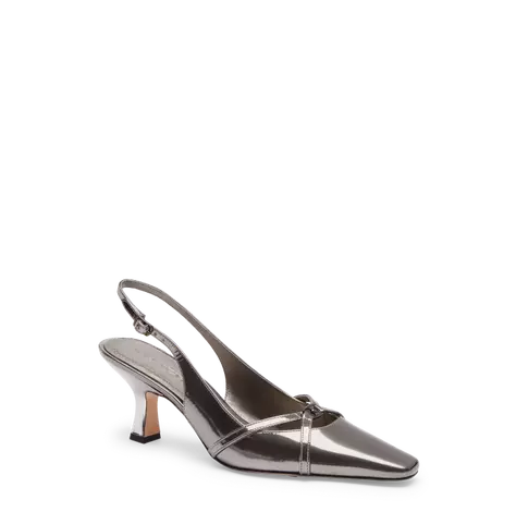 a silver shoe with a bow on the heel and a heel