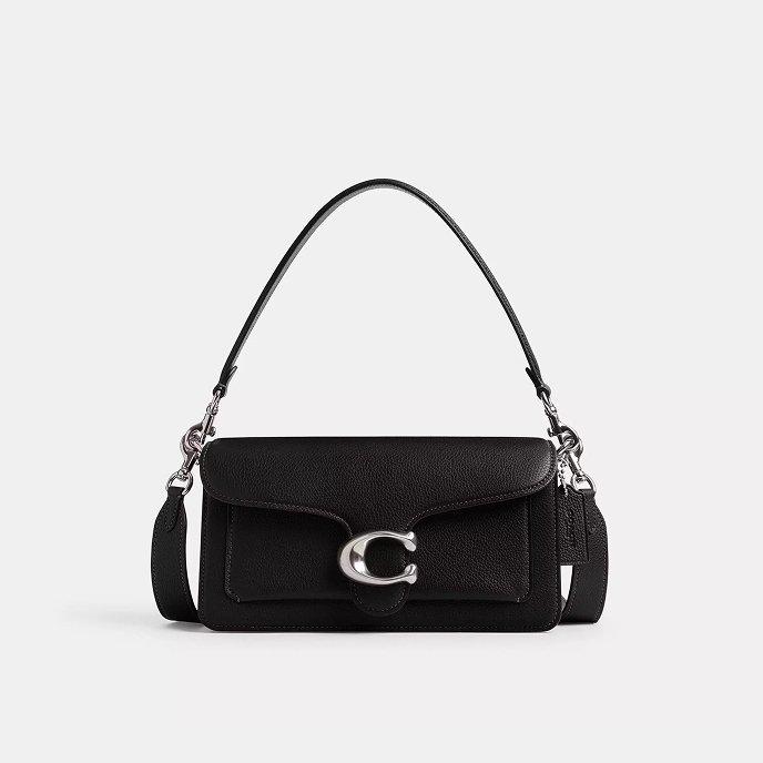 Black leather shoulder bag with silver hardware and signature C clasp closure.