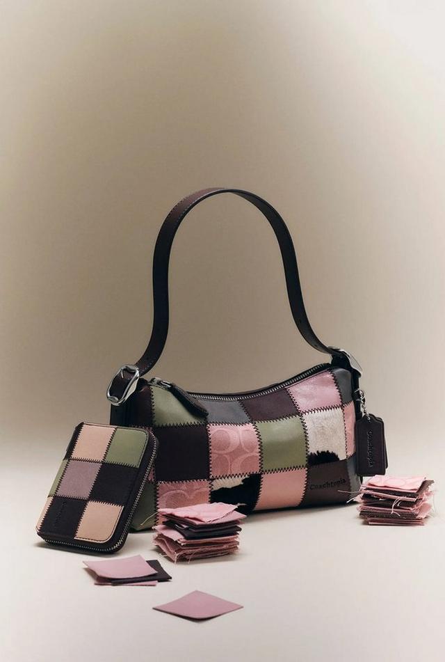 Coach patchwork shoulder bag in pink, brown, and olive tones with matching wallet and leather swatches.