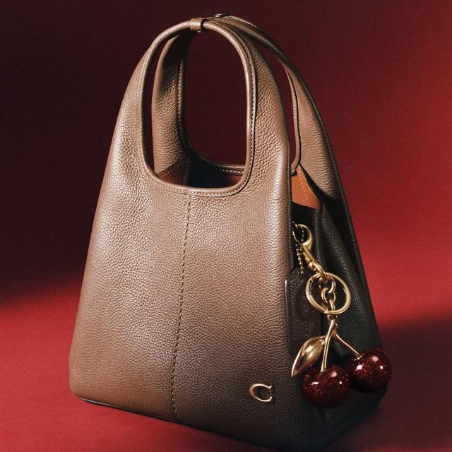 Colorblock leather hobo bag with gold cherry charm keychain attached to handle.