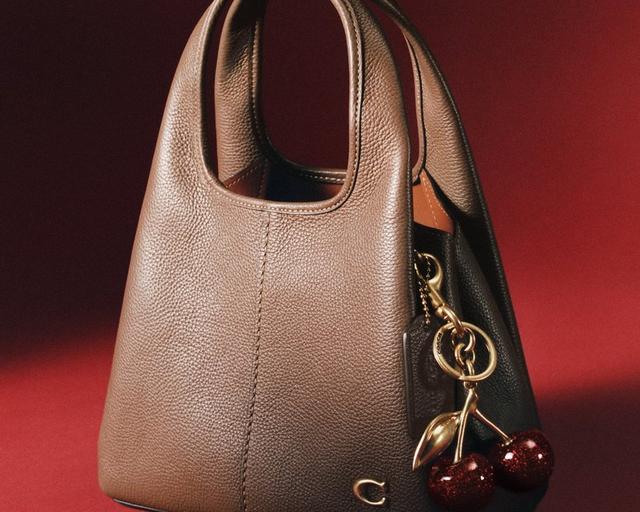 Colorblock leather hobo bag with gold cherry charm keychain attached to handle.