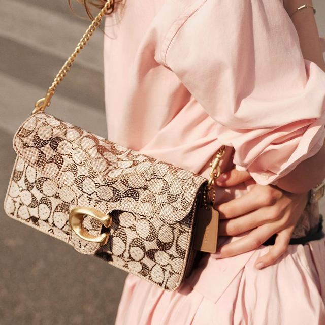 Woman holding a monogram print shoulder bag with gold chain strap while wearing a pink blouse.