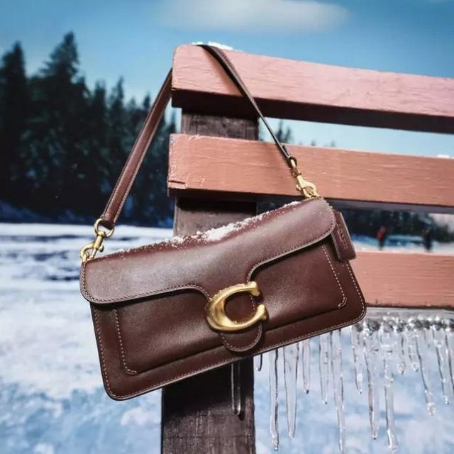 Brown leather handbag with gold hardware hanging on an icy wooden bench in a snowy winter setting.