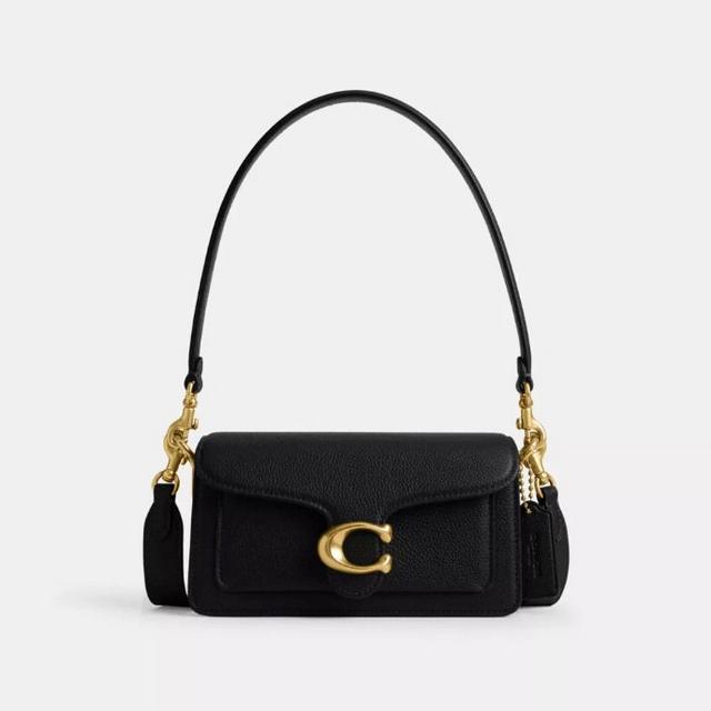 Black leather shoulder bag with gold hardware and signature C clasp closure.