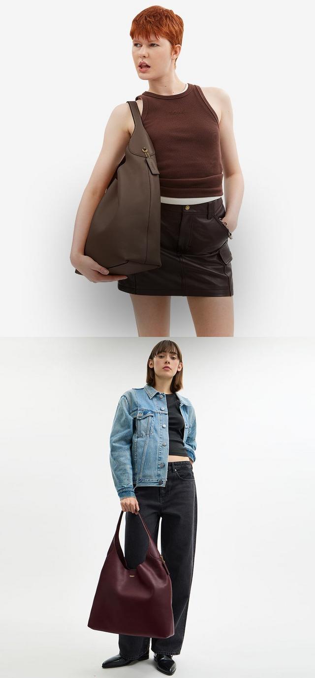 Two models displaying leather handbags, one holding a burgundy tote with denim jacket, the other with a brown crossbody bag.