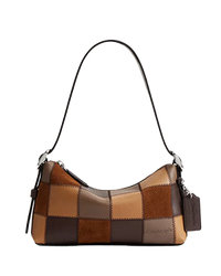 Brown and tan patchwork shoulder bag with black leather strap and silver hardware.