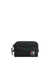 Black quilted pouch with zipper and USA patch featuring red, white, and blue design.
