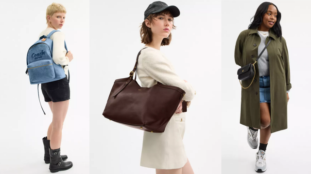 three women wearing different outfits and carrying bags