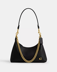 Black shoulder bag with gold chain detail and leather strap, featuring a small logo charm.