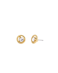 Gold-tone circular stud earrings with clear crystal centers.