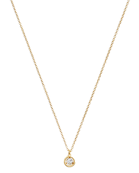 Gold chain necklace with small circular pendant featuring a clear stone.