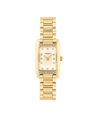 Gold-tone Kenneth Cole New York watch with rectangular face and crystal accents on bracelet band.
