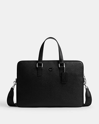 Black Coach leather briefcase with dual handles and detachable shoulder strap.