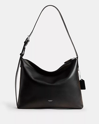 Black leather hobo shoulder bag with adjustable strap and hanging tag charm.